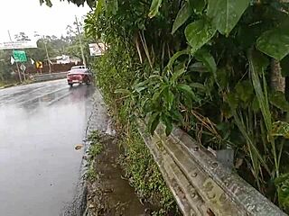 Hardcore public sex with a pretty young woman on a Bridge in rainy weather