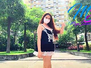 Busty filipina Miyu Sanoh flaunts her nude body in public while walking in the condo garden