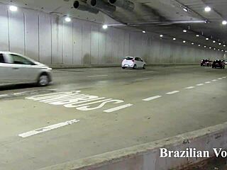 Brazilian MILF masturbates in public tunnel after ballad