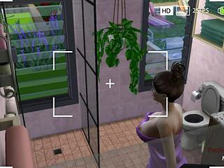Tegneserie spion video fanger en kvinne som tar en dusj i Sims 4-serien